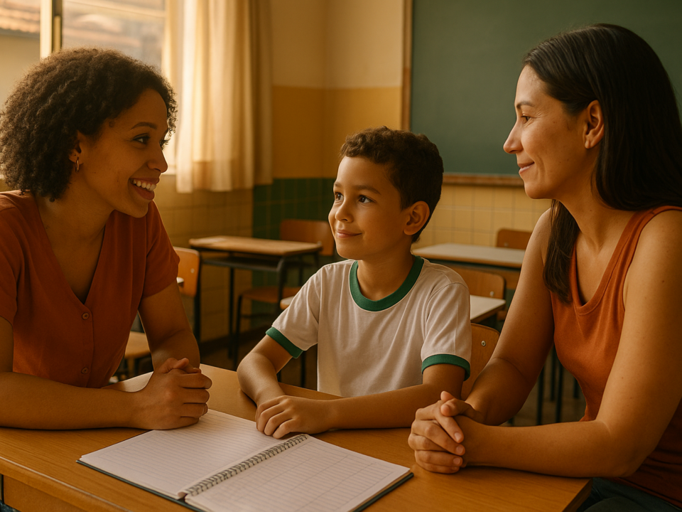 Professora conversando com estudante e responsável sobre plano de retorno à escola