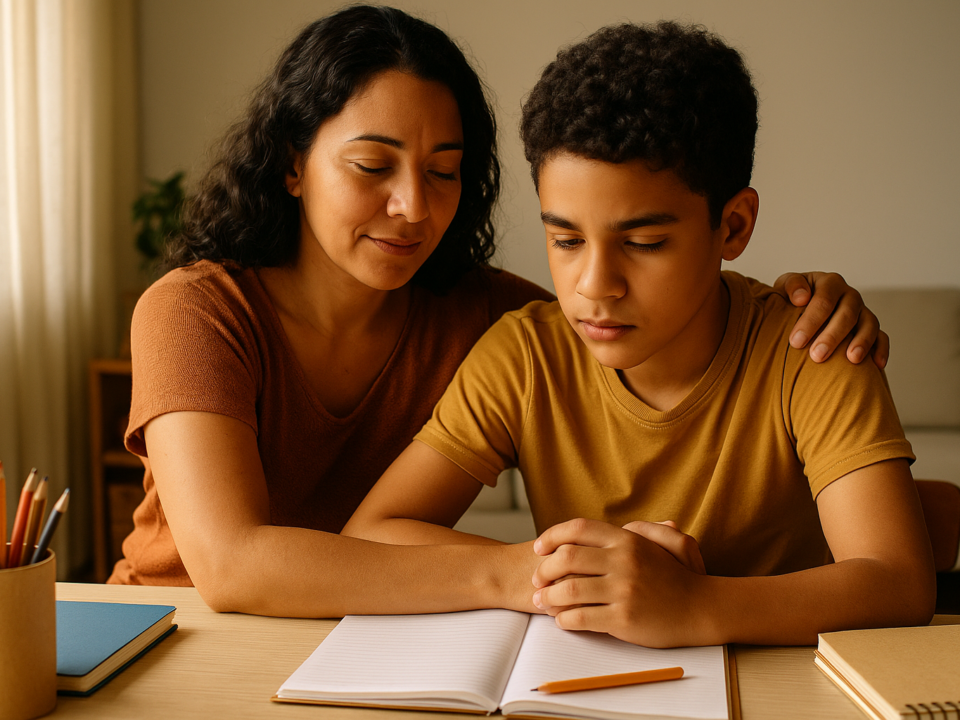 Mãe conversando com o filho antes de uma prova em casa, em ambiente acolhedor.