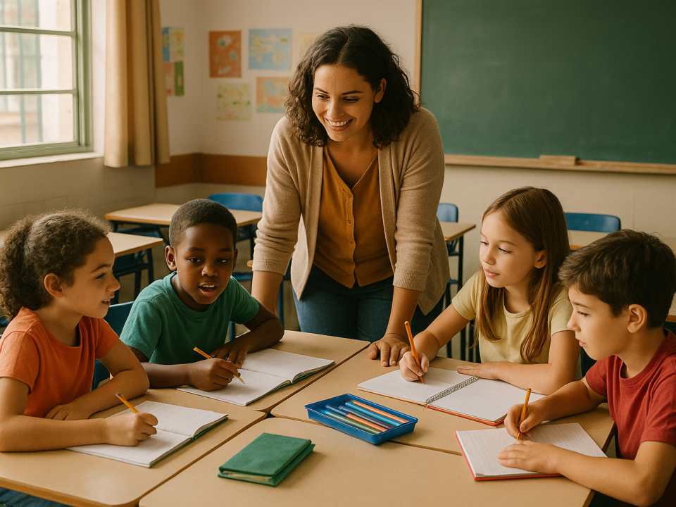 Professora mediando atividade colaborativa entre grupos de alunos em sala de aula brasileira