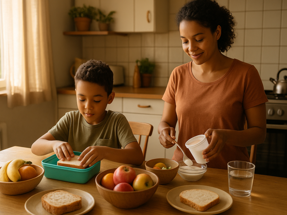 Mãe e filho preparando um lanche simples na cozinha antes da escola.