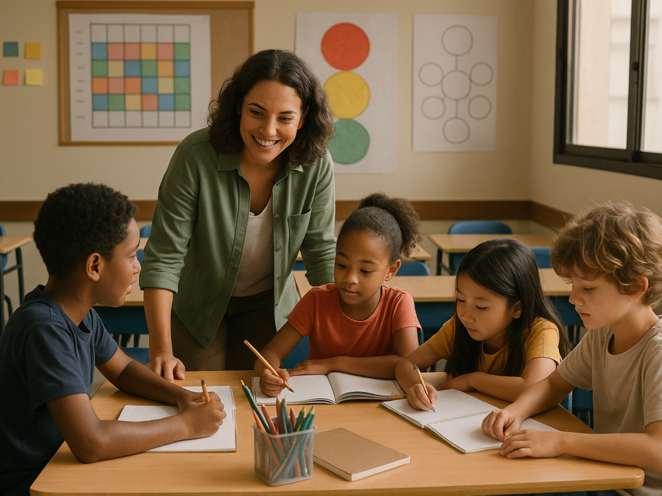 Professora mediando atividade em sala heterogênea com materiais acessíveis para diferentes formas de aprendizagem.