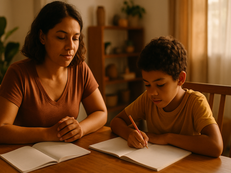 Mãe e filho organizando a lição de casa em mesa iluminada