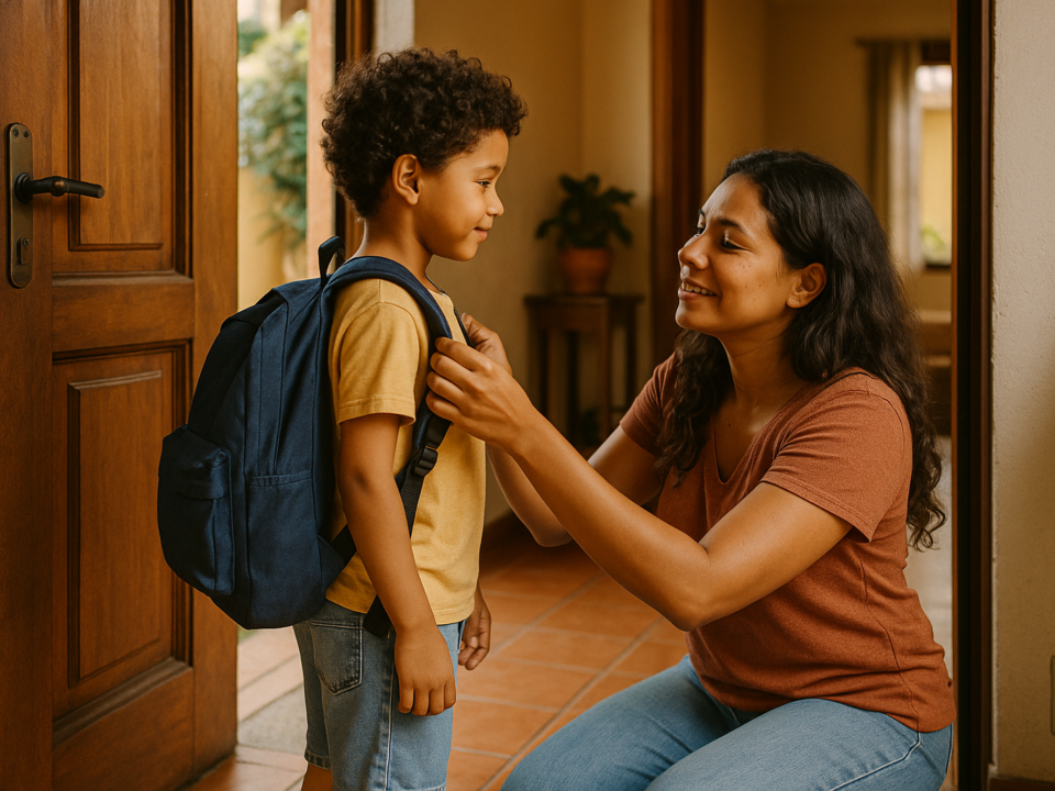 Mãe ajustando a mochila escolar do filho antes de sair para a escola