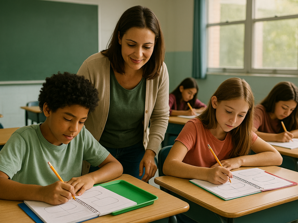 Professora orientando produção textual com alunos em sala de aula organizada.